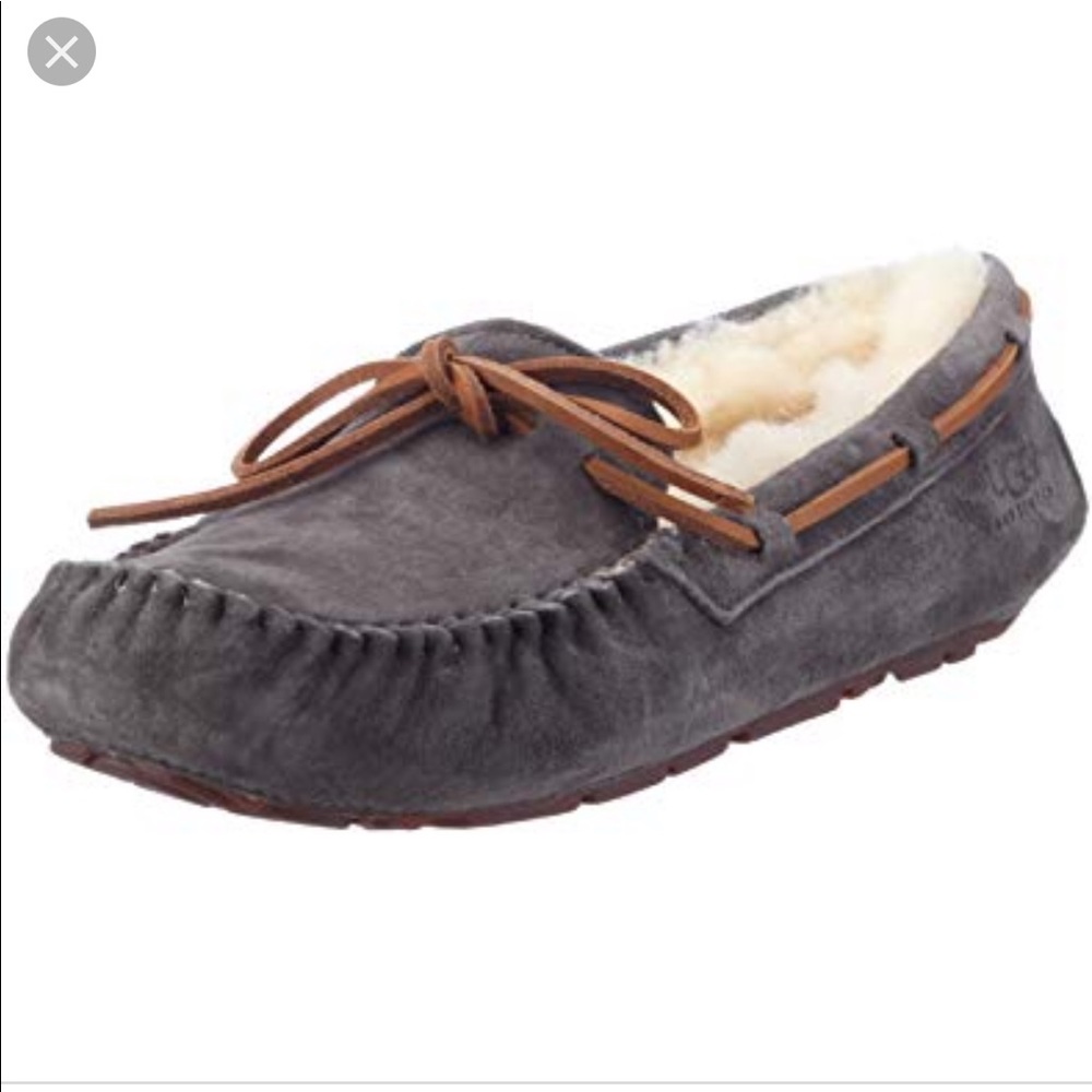UGG Gray Suede Moccasin Slippers with Chestnut Laces and Shearling Lining